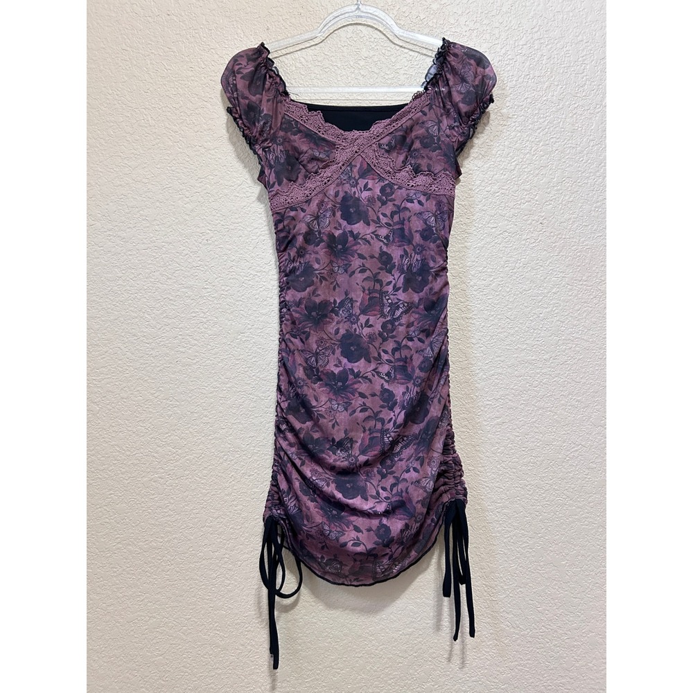 Dress XS Ruched Mesh Mini Purple Babydoll Butterfly Goth Vampire Fairy Y2K Lace